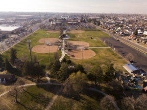 Overview picture of City Center park, showcasing the baseball fields.