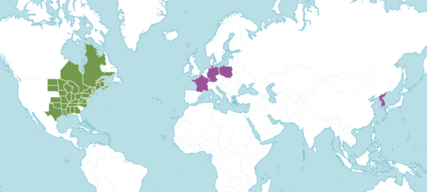 Distribution map of Acer saccharum with native (green) and introduced (purple) ranges (POWO, 2024)