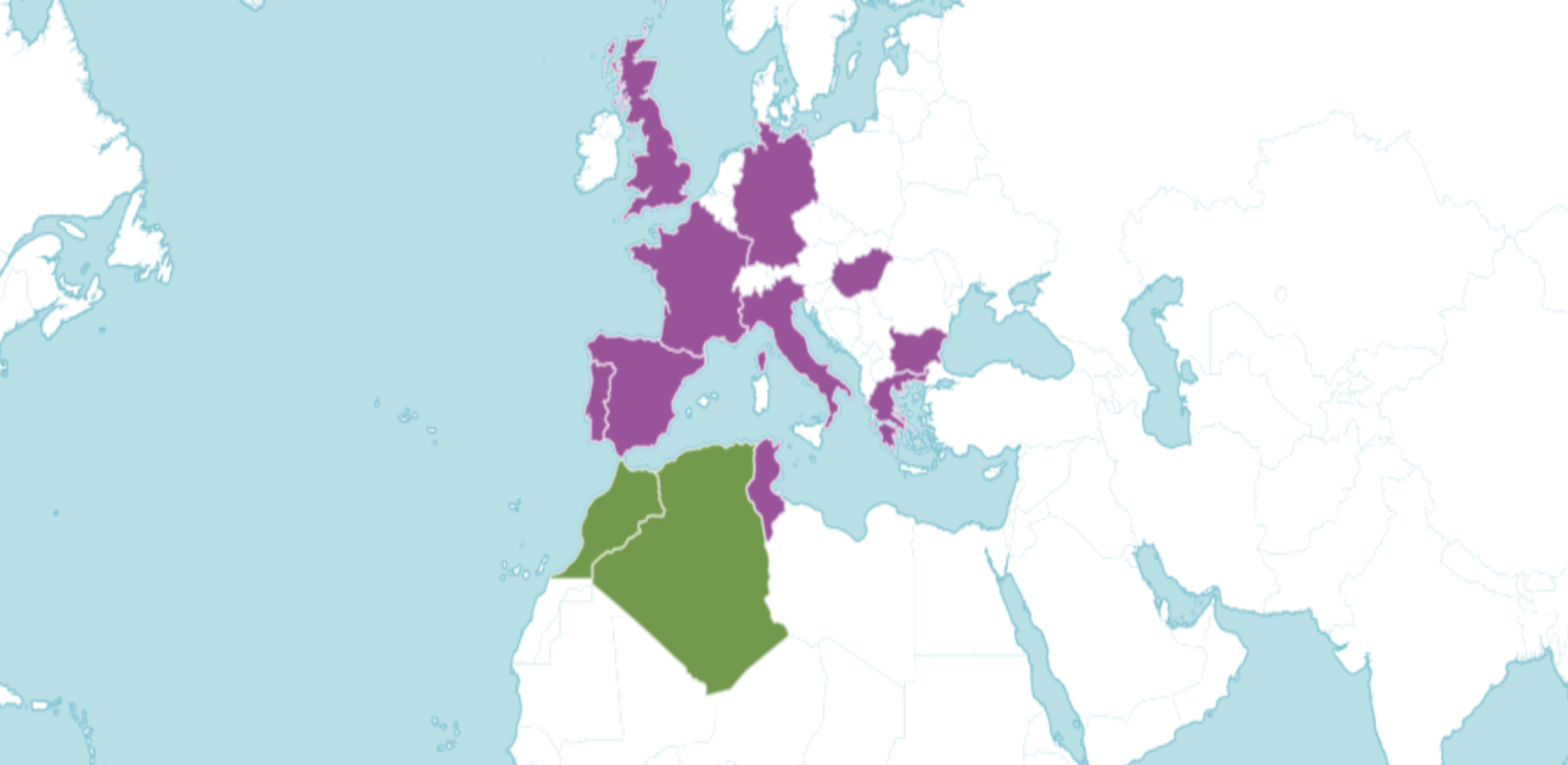 Distribution map of C. atlantica (POWO, 2024) Green indicates the native range and purple indicates where it has been introduced (POWO, 2024)