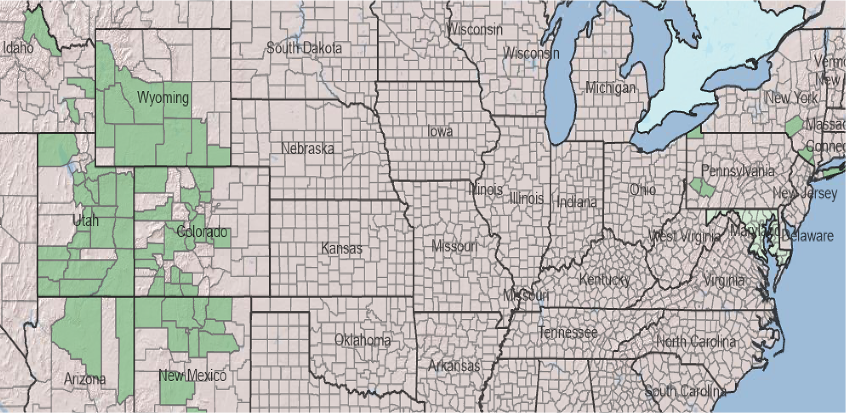 County-level native distribution map of Picea pungens (USDA, 2024)