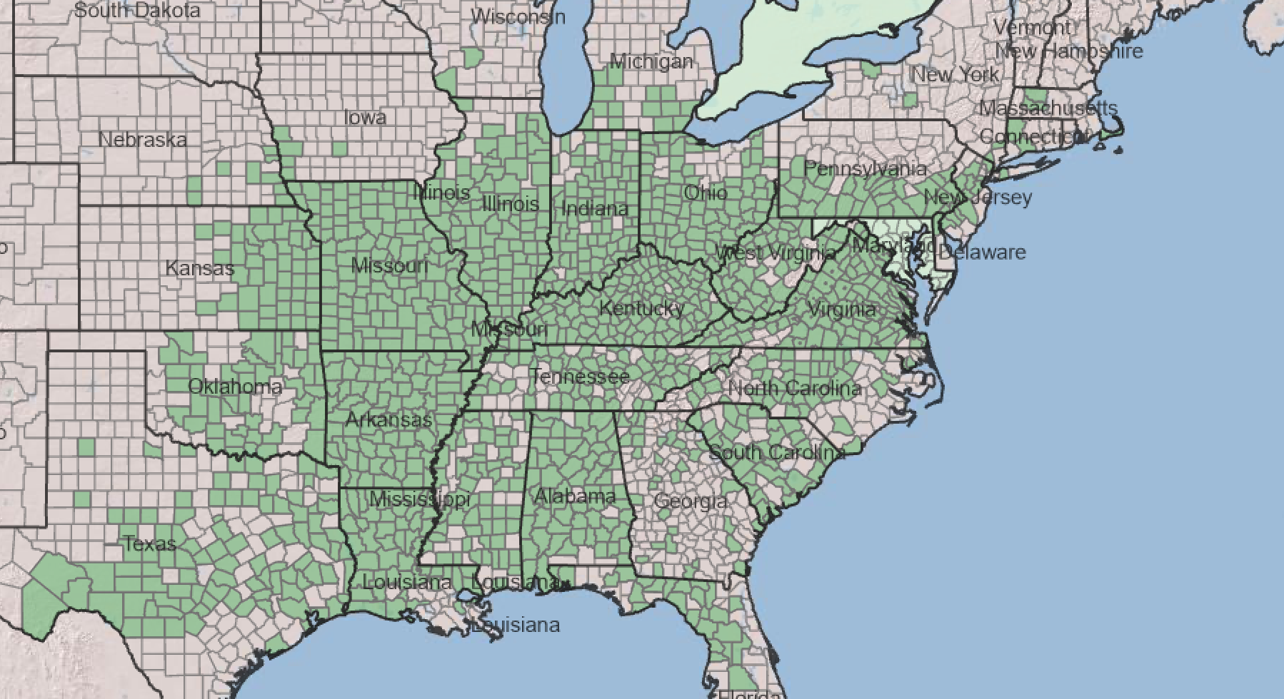 County-level native distribution map of Eastern Redbud (USDA, 2024) with native (green) and introduced (purple) ranges (POWO, 2024)