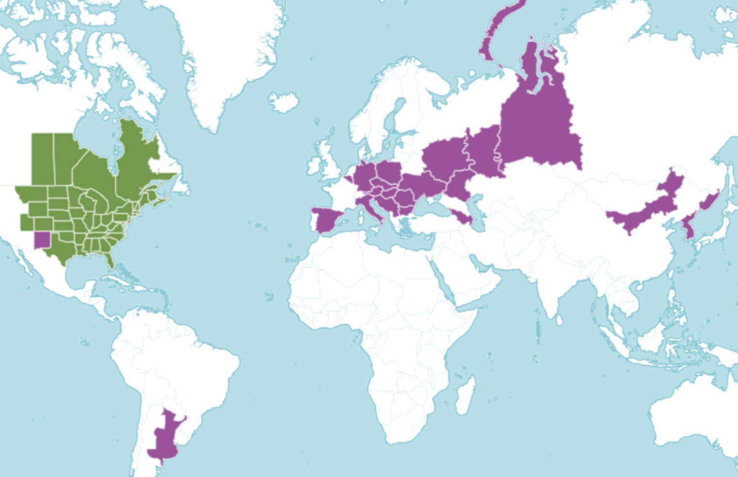 Distribution map of Taxodium distichum showing native (green) and introduced (purple) ranges (POWO, 2024)
