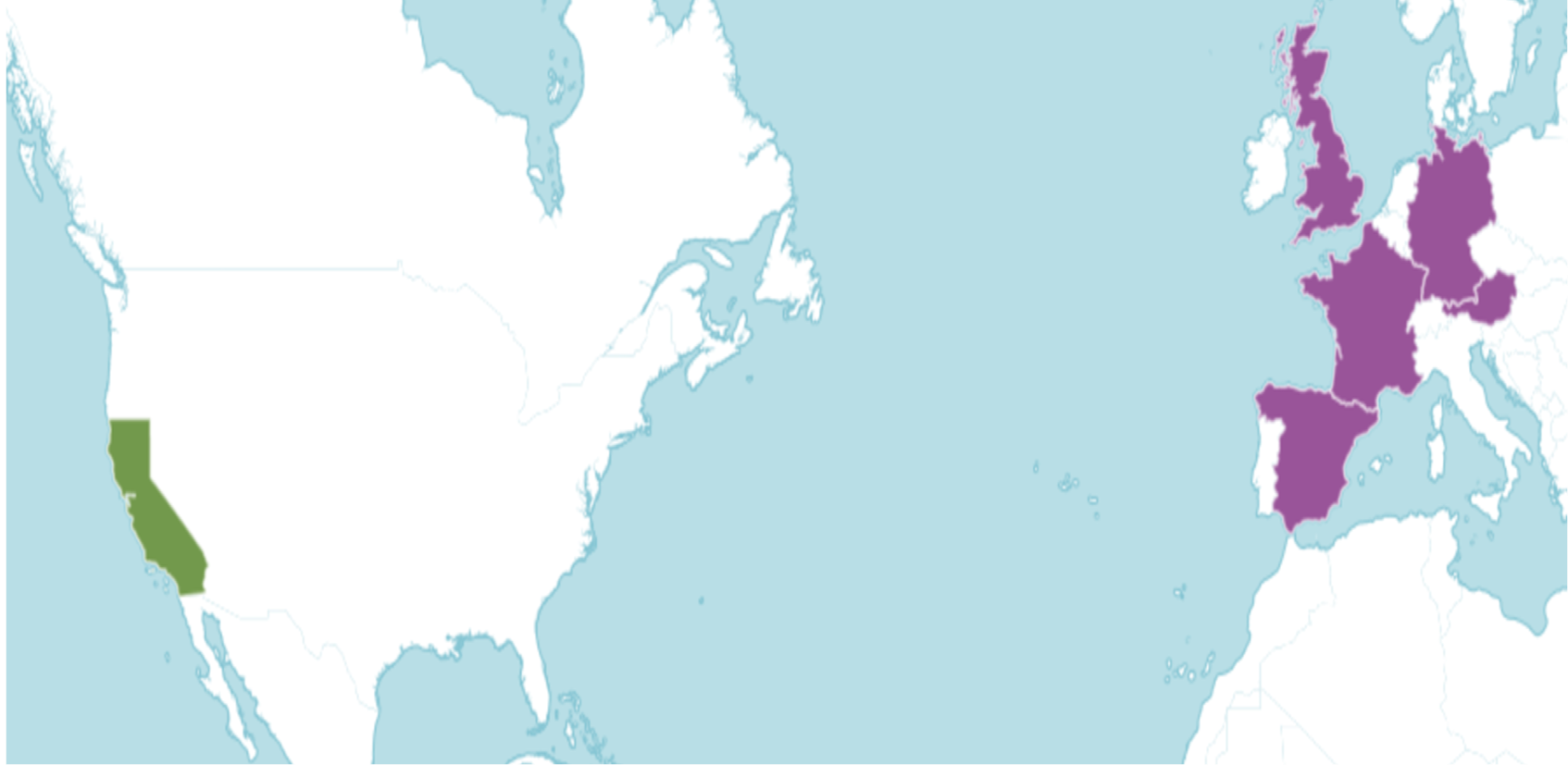 Distribution map of Giant Sequoia. Green indicates the native range and purple indicates where it has been introduced (POWO, 2024)