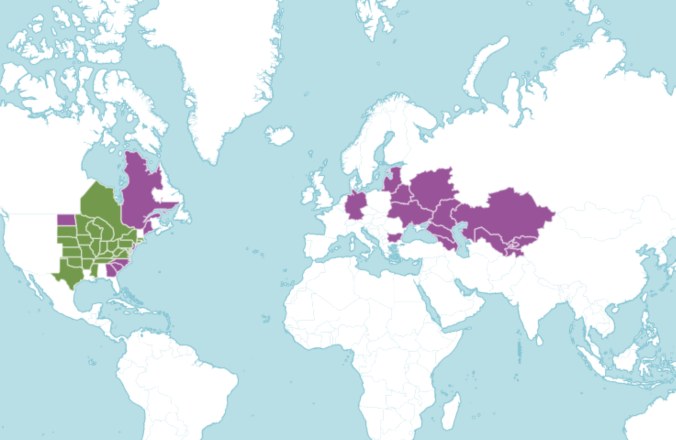 Native range of kentucky coffeetree highlighting regions in green and purple