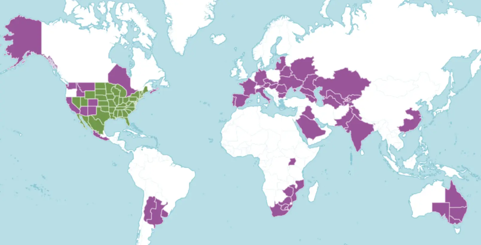 Distribution map of Gleditsia triacanthos with native (green) and introduced (purple) ranges (POWO, 2024)
