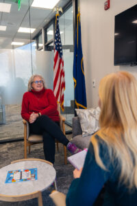 Mayor McCandless chats with a reporter