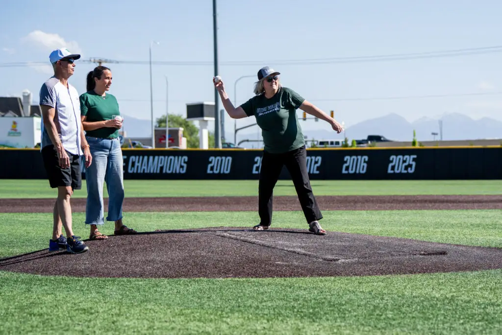 Mayor McCandless throws out the first pitch at UVU baseball
