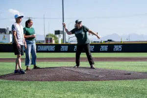 Mayor McCandless throws out the first pitch at UVU baseball
