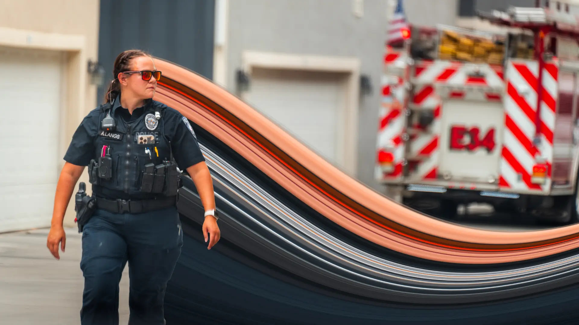 pixel stretch picture of police officer and fire truck