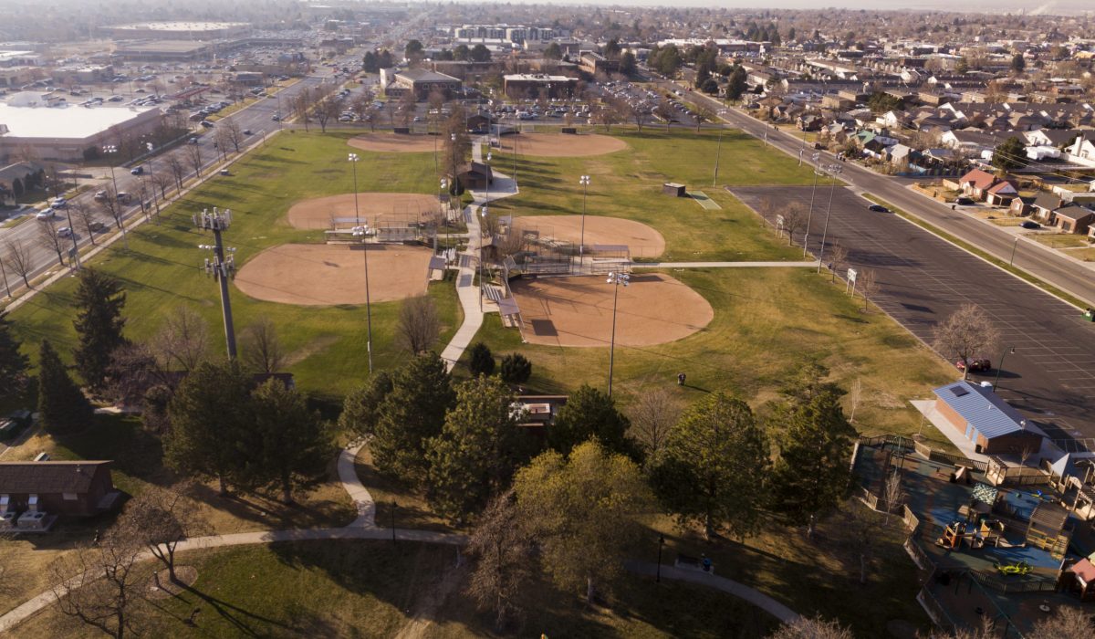 Overview picture of City Center park, showcasing the baseball fields.