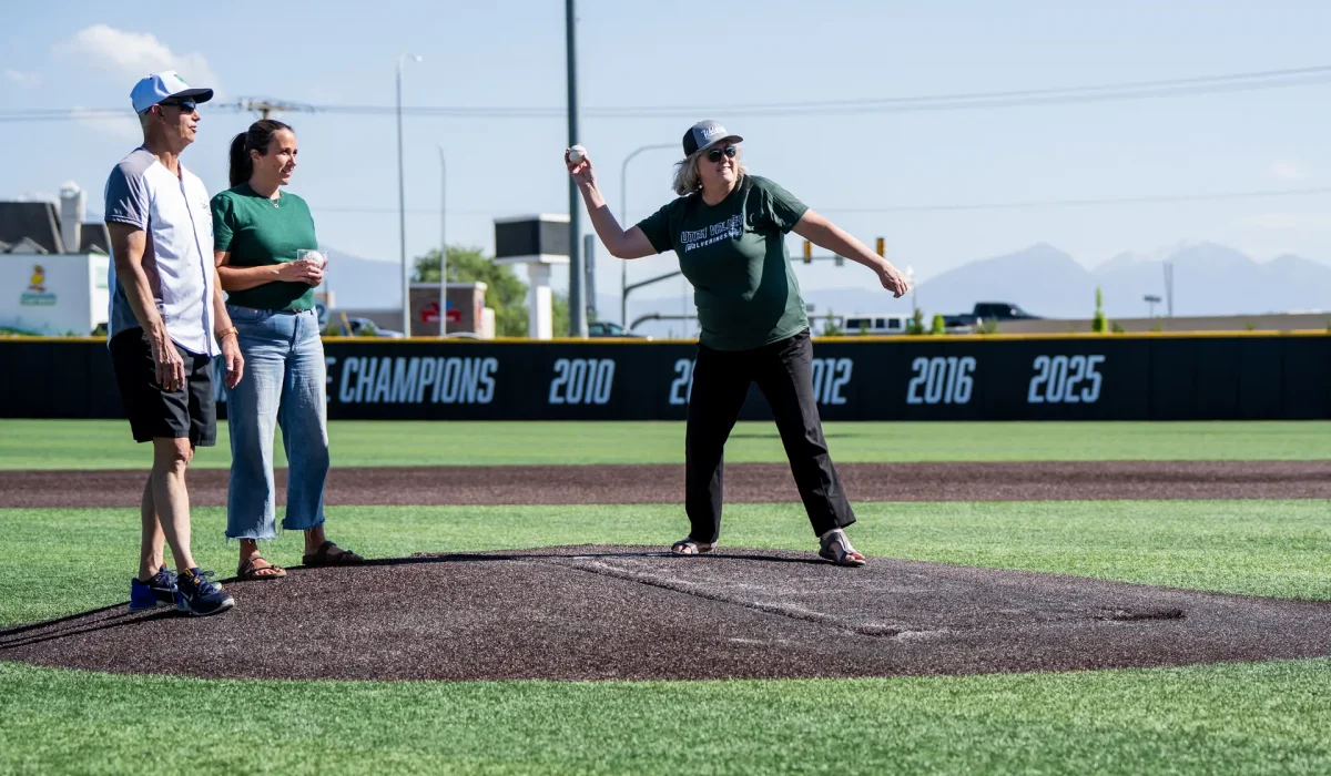 Mayor McCandless throws out the first pitch at UVU baseball