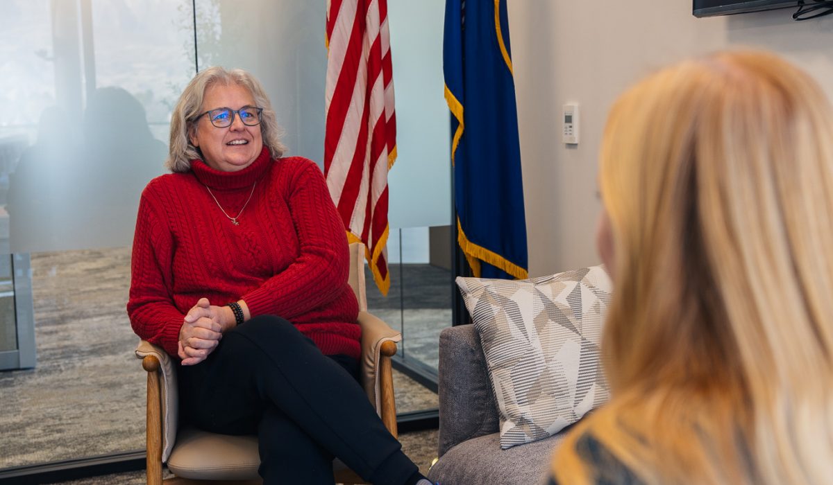 Mayor McCandless chats with a reporter